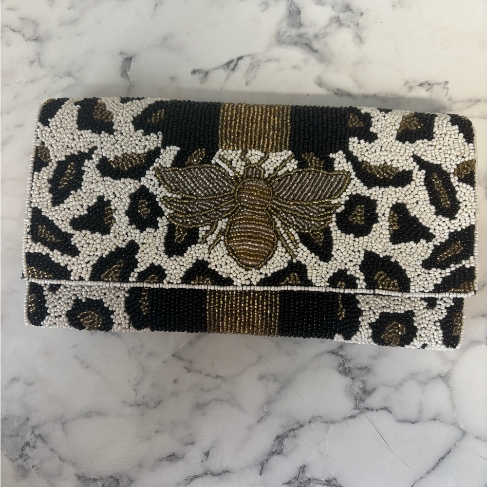 Elegant Black and Gold Beaded Clutch with Bee Motif